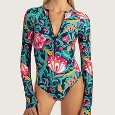 Nwt Trina Turk India Garden Paddle Suit. Small Blue Long Sleeve Swimwear For Spring, Long Sleeve Floral Print Swimwear For Spring, Long Sleeve Tropical Print Swimwear For Spring, Blue Floral Print Long Sleeve Swimwear, Blue Long Sleeve Printed Swimwear, Bandeau One Piece Swimsuit, Plunging One Piece Swimsuit, Suit Swimsuit, Floral One Piece Swimsuit