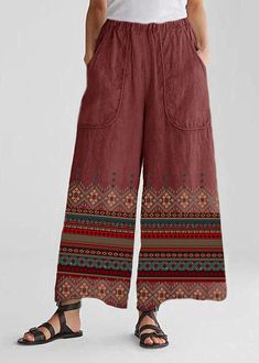 Casual Patterned Wide-leg Pants, Patterned Summer Bottoms With Pockets, Summer Patterned Bottoms With Pockets, Casual Patterned Trousers, Patterned Long Pants With Pockets, Patterned Relaxed Fit Bottoms With Pockets, Patterned Relaxed Fit Bottoms With Elastic Waistband, Relaxed Fit Patterned Bottoms With Elastic Waistband, Casual Patterned Ankle-length Bottoms