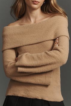 The cold shoulder never looked so hot. | Off-The-Shoulder Long-Sleeve Foldover Sweater by Flat White in Yellow, Women's, Size: 2XS, Nylon at Anthropologie Yellow Knitwear, Sweater Maxi Dress, Flat White, White Off Shoulder, Off Shoulder Sweater, Yellow Sweater, White Flats, Ribbed Sweater, Shoulder Sweater