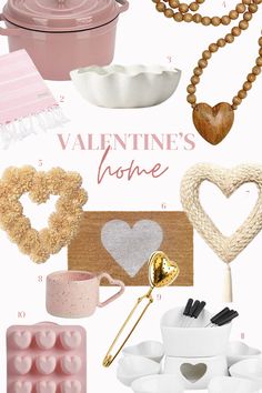 valentine's day gift guide for the home with pink and gold accessories, heart - shaped bowls, hearts, candles, necklaces and more