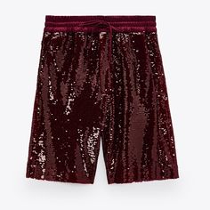 High Waisted Sequin Shorts Elastic Drawstring Waistband Front Pockets Interior Lining 100% Polyester Location Bin 16 Stretch Burgundy Bottoms For Party, Trendy Burgundy Party Bottoms, Trendy Party Shorts With Elastic Waistband, Burgundy Bottoms For Summer Party, Red High-waisted Shorts For Party, Trendy Burgundy Bottoms For Summer, Summer Burgundy Shorts, Trendy Party Shorts By Zara, Chic Stretch Red Shorts