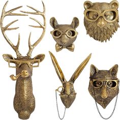 four different types of deer head masks with chains on each side and one wearing glasses