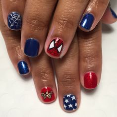 Spiderman Toenails, Super Hero Nails Designs, Superhero Nails Marvel, Marvel Nails Designs, Spiderman Nails, Wonder Woman Nails, Kids Manicure