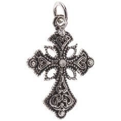 Express your faith and increase your style quotient with this beautiful Cross Charm! This gorgeous charm features an intricate metal design and a single rhinestone in the center. Attach this stunning charm to a handmade bracelet or necklace for an instant touch of glamour!       Details:         Length: 1"       Width: 11/16"       Metal Color: Antique Silver         Card contains 1 charm. Gothic Nickel-free Cross Jewelry, Symbolic Cross Charms Jewelry, Antique Silver Nickel-free Cross Pendant Jewelry, Nickel-free Antique Silver Cross Pendant Jewelry, Symbolic Cross Jewelry For Jewelry Making, Gothic Cross Pendant With Oxidized Finish, Gothic Oxidized Cross Pendant Jewelry, Ornate Engraved Cross Pendant Jewelry, Ornate Sterling Silver Cross Jewelry