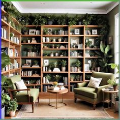 a living room filled with lots of green furniture and bookshelves covered in plants