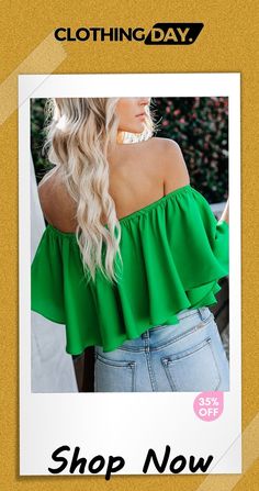 Off Shoulder Ruffles Casual Blouse Top Off-shoulder Tops With Ruffle Hem For Summer, Off-shoulder Top With Ruffle Hem For Summer, Summer Off-shoulder Top With Ruffle Hem, Spring Off-shoulder Ruffled Top, Chic Green Off-shoulder Blouse, Off-shoulder Ruffled Tops For Brunch, Trendy Off-shoulder Ruffled Blouse, Trendy Off-shoulder Blouse With Ruffles, Chic Green Off-shoulder Top