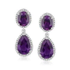 Ross-Simons - 7.80ct t. w. Amethyst, .14ct t. w. Diamond Drop Earrings in Silver. For an extra fancy touch of sparkle and color, slip on these extravagant drop earrings in sterling silver. Ovals and pear shapes of 7.80 ct. t. w. amethyst are highlighted by .14 ct. t. w. round diamond frames. Hanging length is 7/8". Post/clutch, diamond and amethyst drop earrings. Amethyst birthstones are the perfect gift for February birthdays. Formal Amethyst Drop Earrings, Purple Fine Jewelry Earrings For Formal Occasions, Formal Teardrop Amethyst Earrings, Formal Amethyst Teardrop Earrings, Classic Purple Drop Earrings, Elegant Purple Earrings With Diamond Accents, Purple Dangle Bridal Earrings For Formal Occasions, Purple Pear-shaped Earrings For Anniversary, Formal Purple Bridal Earrings