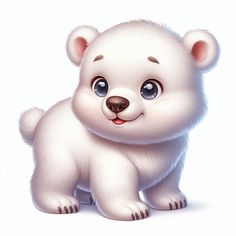 a small white polar bear with big blue eyes and brown ears, standing upright in front of a white background