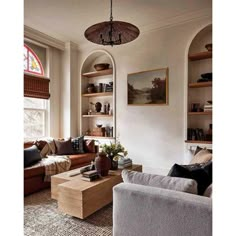 a living room filled with furniture and a window