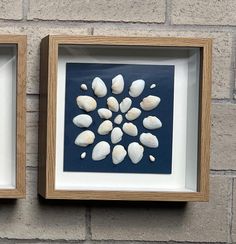 two framed pictures with seashells in them on a brick wall next to each other