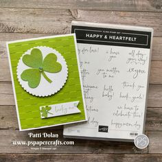 two cards with the words happy and heartfelt on them, one has a shamrock