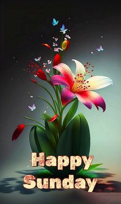 a happy sunday greeting with flowers and butterflies on a dark background, in the shape of a flower