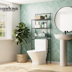 a bathroom with green wallpaper and a white toilet next to a sink in the corner