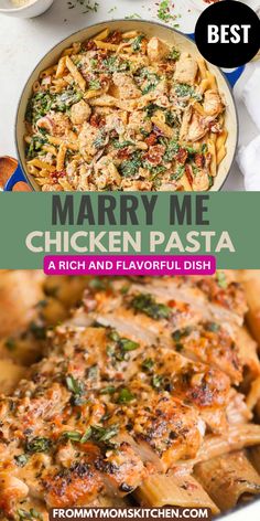 chicken pasta in a pan with the title mary me chicken pasta on top and an image of