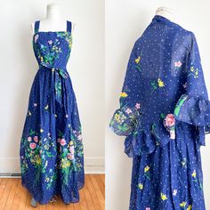 "Vintage navy blue with multi colored floral print maxi dress with a matching shawl. Fully lined.  Era✦ 1960s-70s Material✦ cotton and acetate lining  Closure✦ back zipper Condition✦ excellent vintage  (cleaned & comes from a smoke-free home) ✂Measurements: Please do not go by its original tag size. Always go by the measurements listed below!!taken flat and doubled. Fits like women's XS.  bust: 33\" max  waist: 24\"  hips: 39\" max on lining  bodice: 14.5\"  length: 56\" shawl: 58\" end to end x Max On, Floral Print Maxi Dress, Floral Print Maxi, Dress Form, Floral Maxi, Vintage 1960s, Dress Clothes For Women, Floral Maxi Dress, Dresses Xs