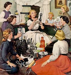 a group of women sitting around a kitchen table with cooking utensils on it