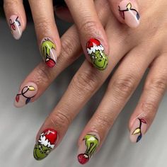 Grinch Press on Nails | Christmas Nails | Holiday Press on Nails | Green & Red Nails Red Green Nails, Xmas Manicure, Green Nails Christmas, Christmas Nails Almond, Christmas Holiday Nails, Grinch Nails, Kids Nail Designs, Xmas Nail Art, Press Nails