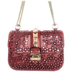 This stylish shoulder bag is crafted of luxuriously smooth lambskin leather in dark red with extensive hand-embroidered floral embellishments with mirror mosaics. The bag features a bijoux gold chain shoulder strap and signature Valentino large gold pyramid studs. The flap opens with a gold glam lock to a red leather interior with room for just the essentials for day or evening by Valentino Garavani! Retail price is $3,445. Designer: Valentino Garavani Material: Lambskin leather Origin: Italy Co Gold Glam, Mirror Mosaic, Stylish Shoulder Bag, Formal Shoes For Men, Branded Handbags, Lambskin Leather, Gold Tone Metal, Bag Pattern, Fashion Handbags