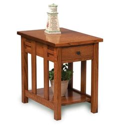 a small wooden table with a potted plant on it's top and bottom shelf