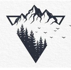 mountains and trees with birds flying over them on a white paper background in the shape of a triangle