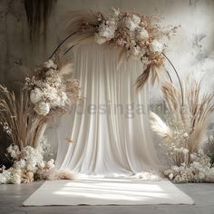 an image of a stage setting with flowers and feathers