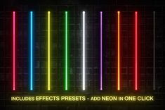 neon lights are lit up against a brick wall with the words, includes effects presets - add on one click