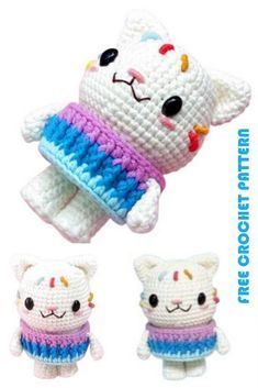 three crocheted stuffed animals are shown in different colors and sizes, one is white the other is blue