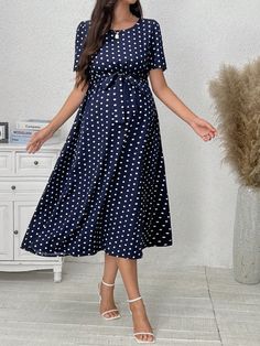 Azul Marino Casual Collar manga corta Tela tricotada Geométrico,Lunares,Estampado Integral A línea Embellished No-Elástico Maternity Dresses Casual, Maternity Clothing, Ruffle Hem Dress, Navy Blue Dresses, Short Sleeve Dress, Polka Dot Print, Hem Dress, Dress 100, Maternity Bag