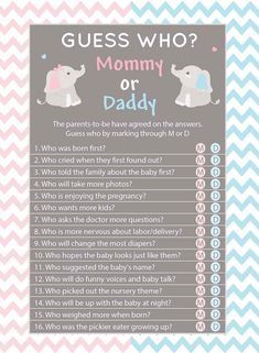 a baby shower game with an elephant on it's back and the words, guess who? mommy or daddy