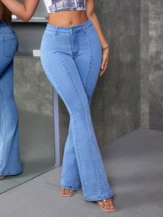 Women Daily Simple Travel Water Washed Denim Flared Pants Medium Wash Casual   Denim Plain Flare Leg High Stretch  Women Clothing, size features are:Bust: ,Length: ,Sleeve Length: Ledis Pent Pattern, Fancy Pants Outfit, Bellbottom Pants, Denim Pants Outfit, Bell Jeans, Moda Denim, Shein Icon, Casual Denim Pants, Modest Dresses Casual