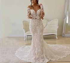 Lace Wedding Dress Mermaid Illusion Long Sleeve Sheer Neck Appliques Bridal Gown | eBay