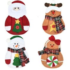 four christmas decorations are shown in three different styles and colors, including one with a santa clause