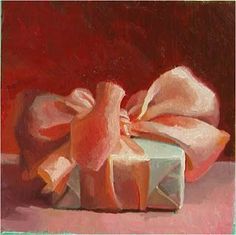 a painting of a wrapped present on a table