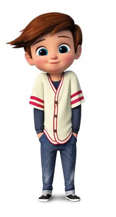 a cartoon boy with big eyes and a baseball jersey on, standing in front of a white background