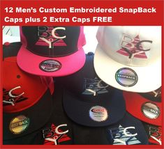 "You will receive 2 Additional FREE Snapback Caps w/ Your Company Logo Embroidered when you order 12 , FREE Logo Conversion & FREE Shipping No Setup Fee! Just upload your Design or Logo and pick your colors We will assist you with the entire process to make sure the outcome is what you desired. We guarantee your satisfaction! Description:  Acrylic/Wool blend, Flat Visor (One size fits all), Adjustable Plastic Snap Back Closure Fabric: 83% acrylic, 15% wool, 4% spandex Features: 6-panel, structured, high-profile plastic snapback closure 3¾\" crown Sizes: One Size Embroidery:  Snapback includes Your Text or Design/Logo embroidered onto 12 hats plus 2 extra hats with your embroidery FREE.   To Order:  These hats are sold by the dozen. Colors can be mixed in the dozen. Send us your hat color c Snapback Caps, 12th Man, Snap Back, Snap Backs, Snapback Cap, Ball Cap, Free Logo, Logo Embroidered, Trucker Cap