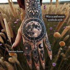 a woman's hand with tattoos on it and the moon in the sky above her