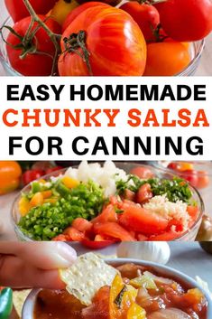 easy homemade chunk salsa for caning with tomatoes, peppers and onions in a bowl