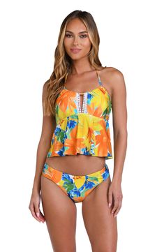 Model is wearing a blue Midkini Tops, Summertime Vibes, Crochet Trim, Beach Day, Neck Tie, Spaghetti Strap, Adjustable Straps, Floral Print, Floral Prints