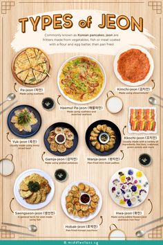 An infographic with photos of 10 different types of Jeon, also commonly known as Korean pancakes. We have Pa-jeon, Haemul Pa-jeon, Kimchi-jeon, Yuk-jeon, Gamja-jeon, Wanja-jeon, Kkochi-jeon, Saengseon-jeon, Hobak-jeon and Hwa-jeon. Jeon Korean Pancake, How To Make Korean Pancakes, Korean Food Name List, Jeon Recipe Korean Style, Korean Bonchon Recipe, Korean Food Guide, Korean Menu Food, Tangsuyuk Korean Style