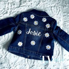 "Flower Power! The daisy flower patches really make the jacket look so cute & the saying or wording on the back is completely customizable with vinyl! This is perfect for any hippie themed party! Maybe a groovy theme gender reveal, retro birthday party, mini photoshoot, holiday, floral wedding, or other events! We can customize this jacket with any phrase or saying, child's name, nickname, or you can leave it blank! **Please make sure to put your preferences in the notes section of your order! A Baby Shower Photoshoot, Groovy Theme, Retro Birthday Party, Shower Photoshoot, Retro Birthday Parties, Mini Photoshoot, Photoshoot Birthday, Diy Denim Jacket, Retro Birthday