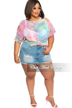 Cotton% 75 Polyester% 25 Chic And Curvy, High Low Top, Distressed Shorts, Tie Dye Print, Light Denim, Tie Dye Top, Final Sale, Tie Dye, Spandex