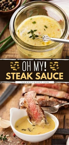 steak sauce in a glass jar with spoons next to it