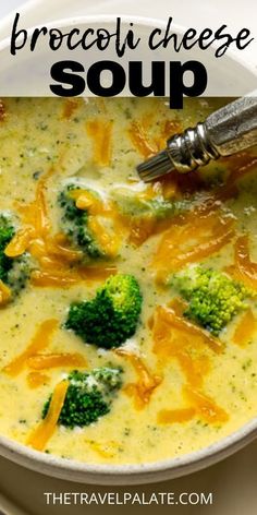 broccoli cheese soup in a white bowl