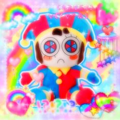 a colorful teddy bear with big eyes sitting in front of a rainbow background