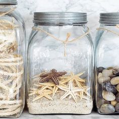 three jars filled with different types of rocks and sea shells on top of a counter