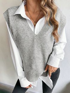 Women's Solid Color V-Neck Minimalist Sweater Vest, Casual Daily Grey Casual   Fabric Plain  Slight Stretch Spring/Summer/Fall Women Clothing, size features are:Bust: ,Length: ,Sleeve Length: Plaid Sweater Vest, Estilo Hipster, Look Boho Chic, Waistcoat Woman, Cable Knit Vest, Vest Sweater, Sleeveless Outfit, Loose Knit Sweaters, Plaid Sweater