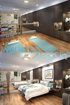 there are two pictures of a bedroom with wood flooring and bed in the middle