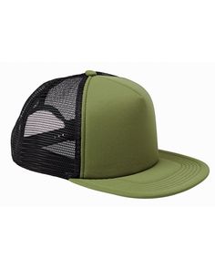 a green trucker hat with black mesh on the front and back side, featuring an embroidered logo