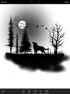 a black and white image of a wolf standing in the woods at night with birds flying around