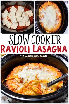 slow cooker ravioli lasagna recipe in the crock pot with text overlay